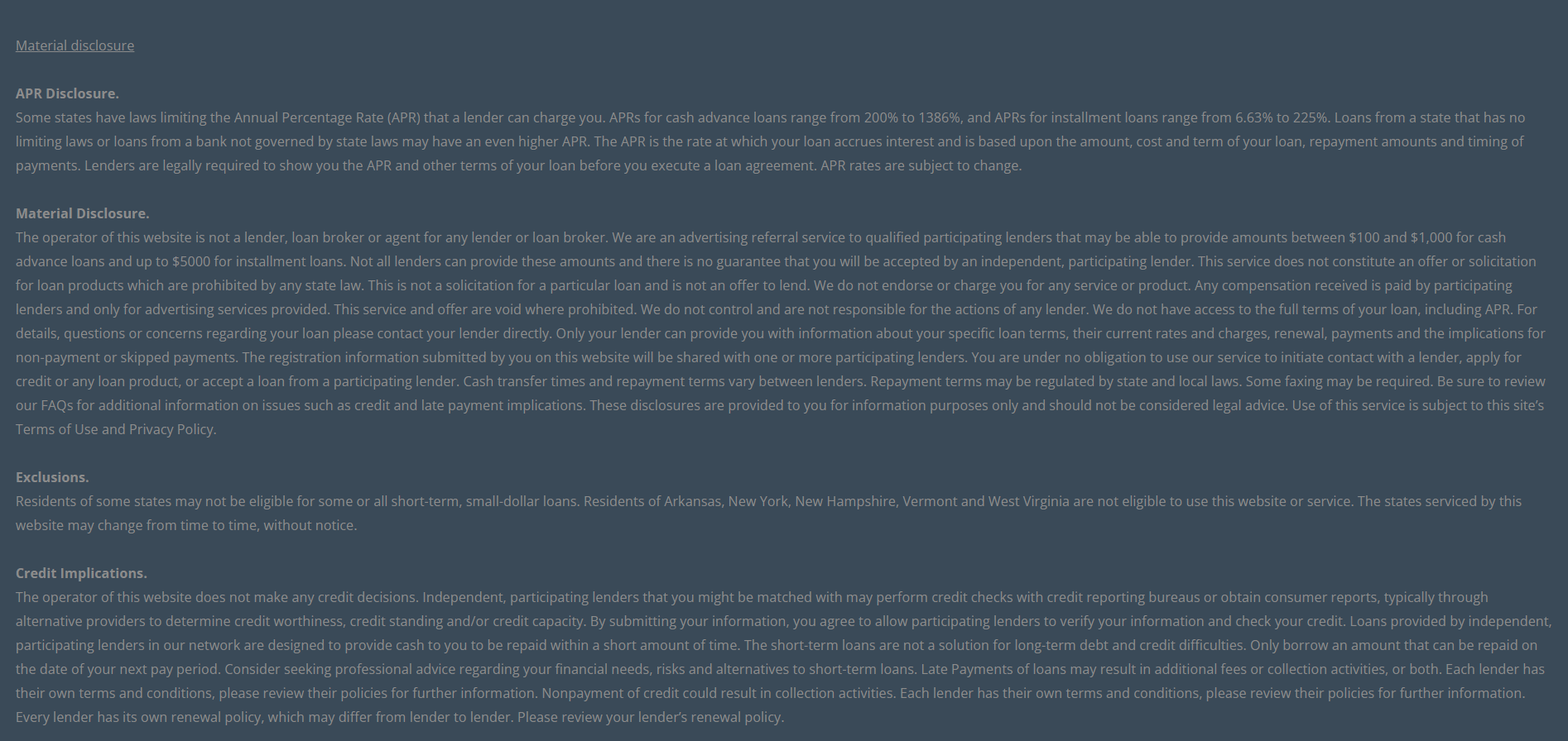 Material disclosure for payday loans in Tyler Texas